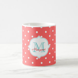 Monogram Turquoise en Coral Polka dots Koffiemok