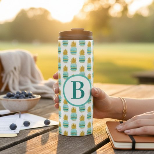 Monogram Turquoise en Gouden Glitter Ananas Thermosbeker