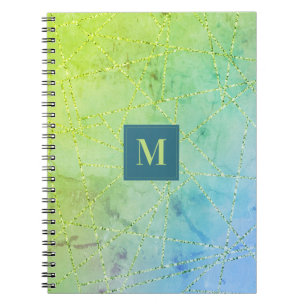 Monogram Turquoise en Limegroene Glitter Geometris Notitieboek