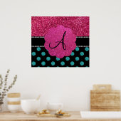Monogram turquoise en roze polka dots poster (Keuken)