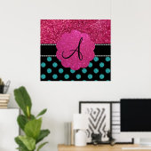 Monogram turquoise en roze polka dots poster (Thuiskantoor)