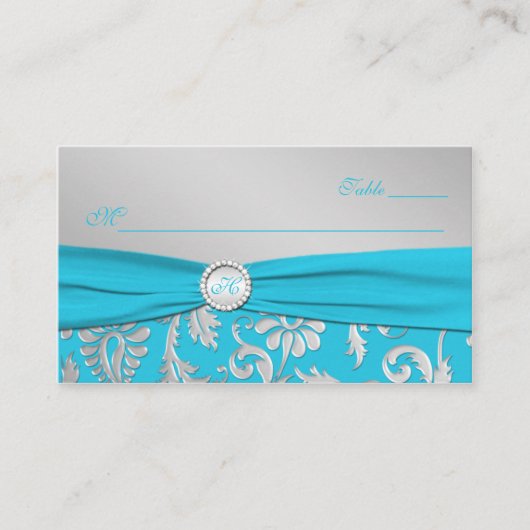 Monogram Turquoise en Silver Place Cards Plaatskaartje (Voorkant)