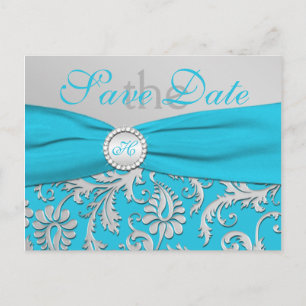 Monogram Turquoise en Silver Save the Date Kaart