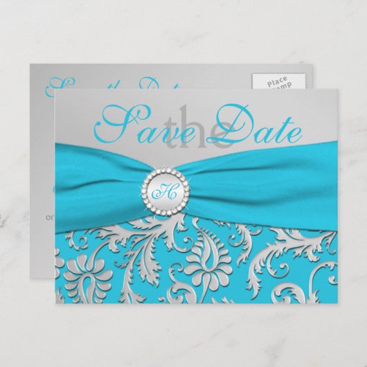 Monogram Turquoise en Silver Save the Date Kaart (Voorkant / Achterkant)
