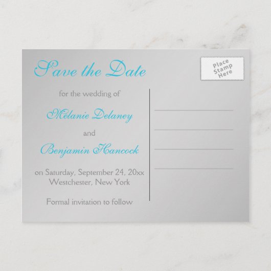 Monogram Turquoise en Silver Save the Date Kaart (Achterkant)