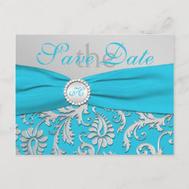 Monogram Turquoise en Silver Save the Date Kaart