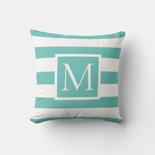 Monogram turquoise en wit gestreept kussen (Voorkant)