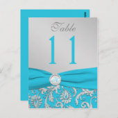 Monogram Turquoise en Zilveren Damast Tafelnummer (Voorkant / Achterkant)