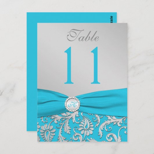 Monogram Turquoise en Zilveren Damast Tafelnummer (Voorkant / Achterkant)
