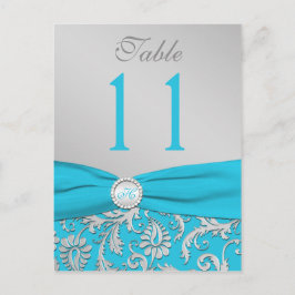 Monogram Turquoise en Zilveren Damast Tafelnummer