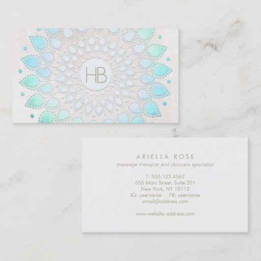Monogram Turquoise Floral Lotus White Marble Visitekaartje (Voorkant / Achterkant)