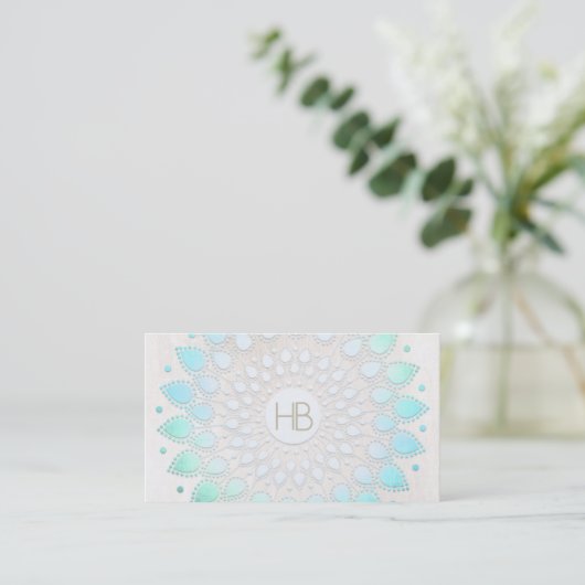 Monogram Turquoise Floral Lotus White Marble Visitekaartje (Staand voorkant)
