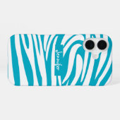 Monogram Turquoise Gestreepte Zebra Patroon Trendy iPhone 16 Hoesje (Achterkant horizontaal)