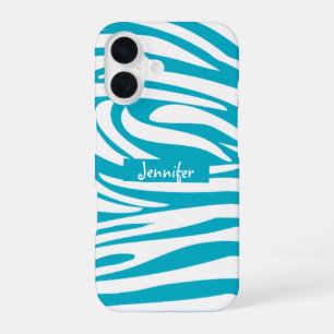 Monogram Turquoise Gestreepte Zebra Patroon Trendy iPhone 16 Hoesje