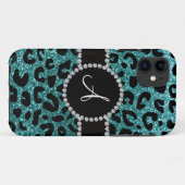 Monogram turquoise glitter cheetah patroon Case-Mate iPhone case (Achterkant (horizontaal))