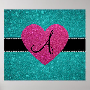 Monogram turquoise glitter roze hart poster