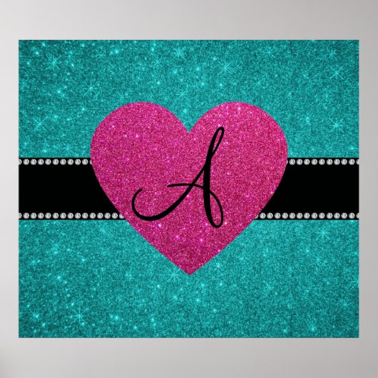 Monogram turquoise glitter roze hart poster (Voorkant)