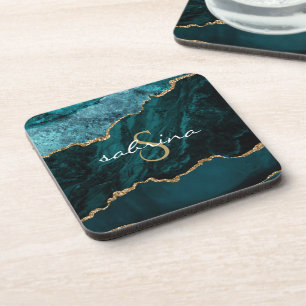 Monogram Turquoise Goud Agaat Geode Bier Onderzetter