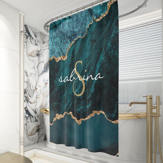 Monogram Turquoise Goud Agaat Geode Douchegordijn