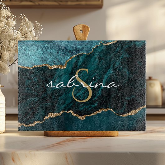 Monogram Turquoise Goud Agaat Geode Snijplank
