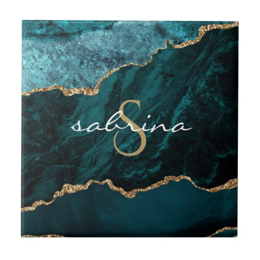 Monogram Turquoise Goud Agaat Geode Tegeltje (Voorkant)