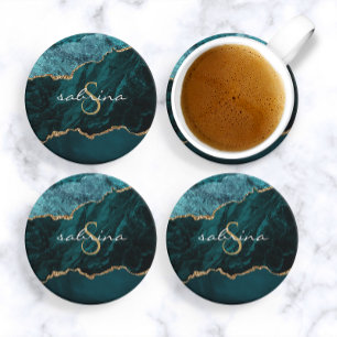 Monogram Turquoise Goud Agaat Geode Zandsteen Onderzetter