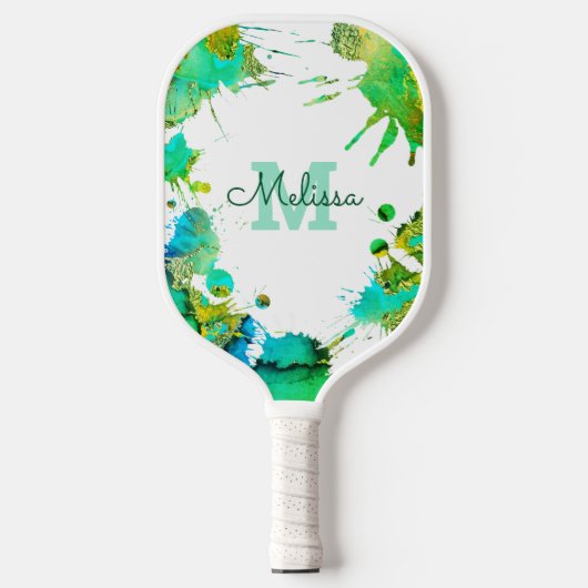 Monogram Turquoise Green Blue Splatter Waterverf Pickleball Paddle (Voorkant)