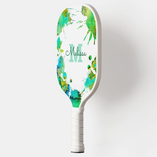 Monogram Turquoise Green Blue Splatter Waterverf Pickleball Paddle (Links)