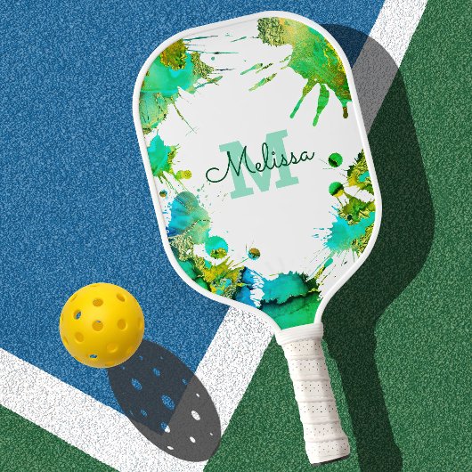 Monogram Turquoise Groen Blauw Spatten Waterverf Pickleball Paddle