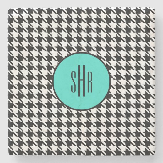Monogram Turquoise Houndstooth Marmer Stenen Onderzetter (Voorkant)