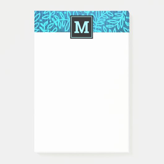 Monogram turquoise leaf botanisch patroon vet post-it® notes (Voorkant)