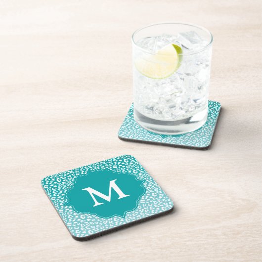 Monogram Turquoise Leopard Print Bier Onderzetter (Rechterzijde)