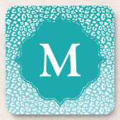Monogram Turquoise Leopard Print Bier Onderzetter (Voorkant)