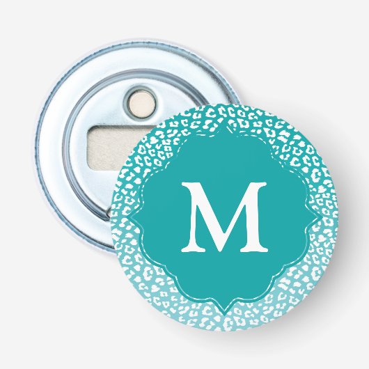 Monogram Turquoise Leopard Print Button Flesopener (Voorkant)