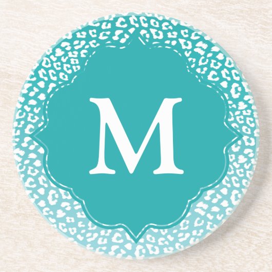 Monogram Turquoise Leopard Print Zandsteen Onderzetter (Voorkant)