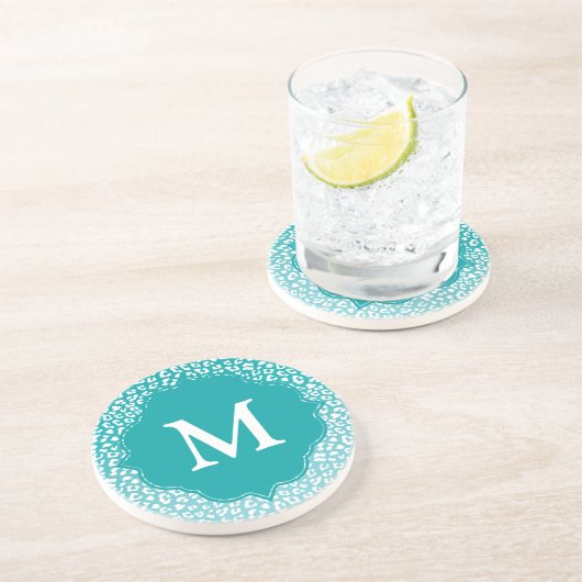 Monogram Turquoise Leopard Print Zandsteen Onderzetter (Zijkant)