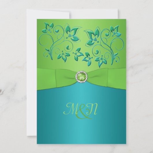 Monogram Turquoise, Limoen Floral Wedding Invitate Kaart (Voorkant)