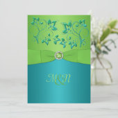 Monogram Turquoise, Limoen Floral Wedding Invitate Kaart (Staand voorkant)