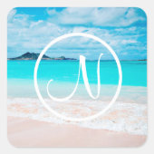 Monogram turquoise oceaan zandstrand fotografie vierkante sticker (Voorkant)