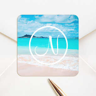 Monogram turquoise oceaan zandstrand fotografie vierkante sticker