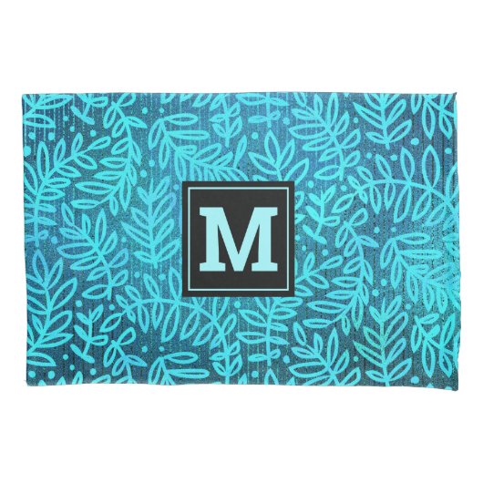 Monogram turquoise ombre bladpatroon vet modern kussensloop (Voorkant)