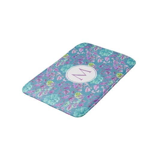 Monogram Turquoise Paars Floral Pattern Badmat (Gekanteld)