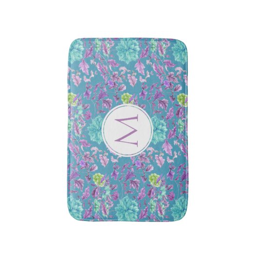 Monogram Turquoise Paars Floral Pattern Badmat (Voorkant Verticaal)