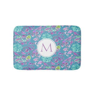 Monogram Turquoise Paars Floral Pattern Badmat