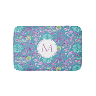 Monogram Turquoise Paars Floral Pattern Badmat