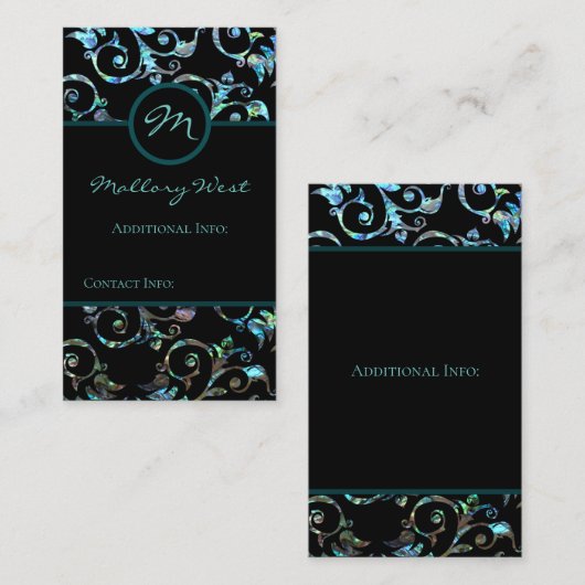Monogram Turquoise Pearl Floral Visitekaartje (Voorkant / Achterkant)