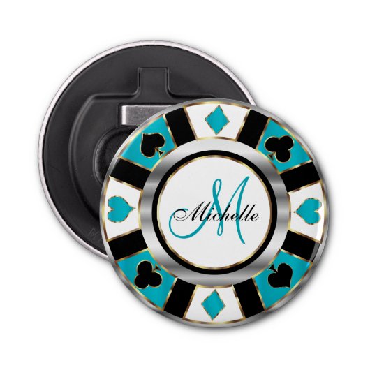 Monogram Turquoise Poker Chip Design Button Flesopener (Voorkant)