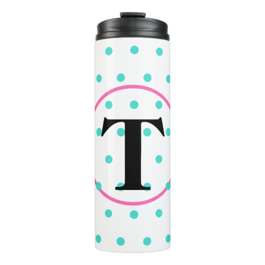 Monogram Turquoise Polka Dots Thermosbeker (Voorkant)