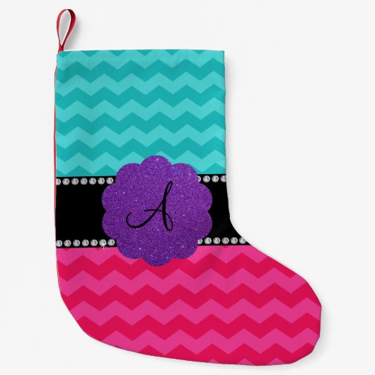 Monogram turquoise roze chevrons diamanten kleine kerstsok (Voorkant)