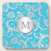 Monogram Turquoise Silver Damask Onderzetter Set ( (Voorkant)